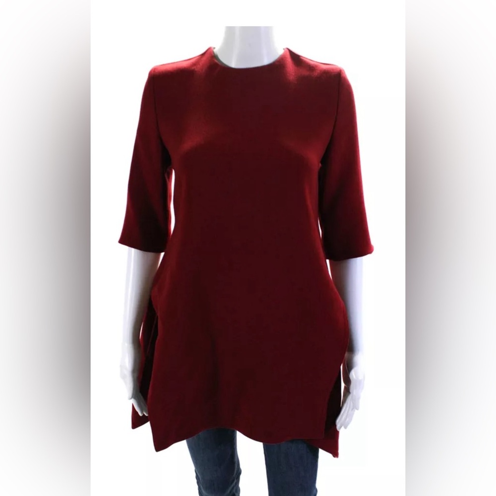 Marni Womens Red Crew Neck Zip Back 3/4 Sleeve Slits Tunic Blouse Top Size 38